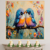 Painting of Two Cute Plump Birds Sitting Close Together on a Blossom Covered Branch with Bright Feathers Big Eyes and a Playful Springtime Background on Ready to Hang 1.5" Thick Canvas Wrap, Floating Framed Canvas, Flat Rolled Canvas